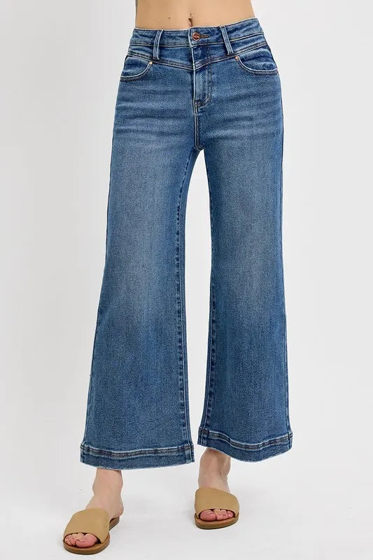 RISEN Full Size High Rise Crop Wide Leg Front Yoke Detail Jeans Plus Size - Brittney MADE