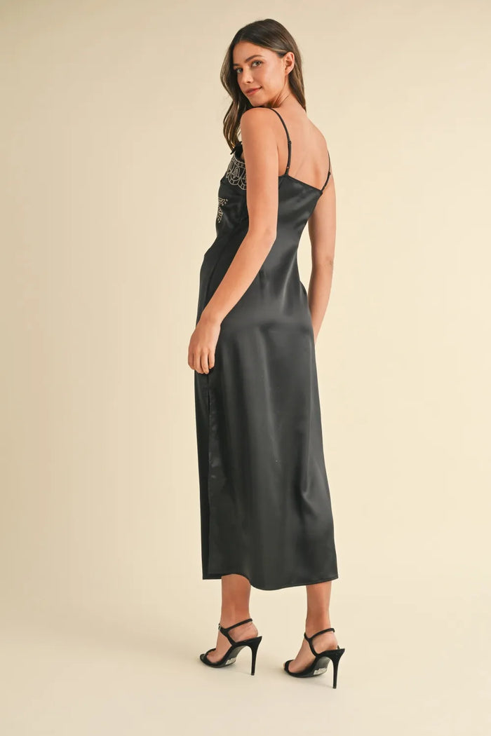 Mable Embroidered Cami Satin Midi Slit Dress - Brittney MADE