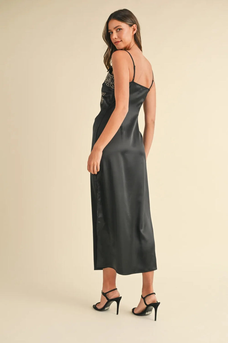 Mable Embroidered Cami Satin Midi Slit Dress - Brittney MADE
