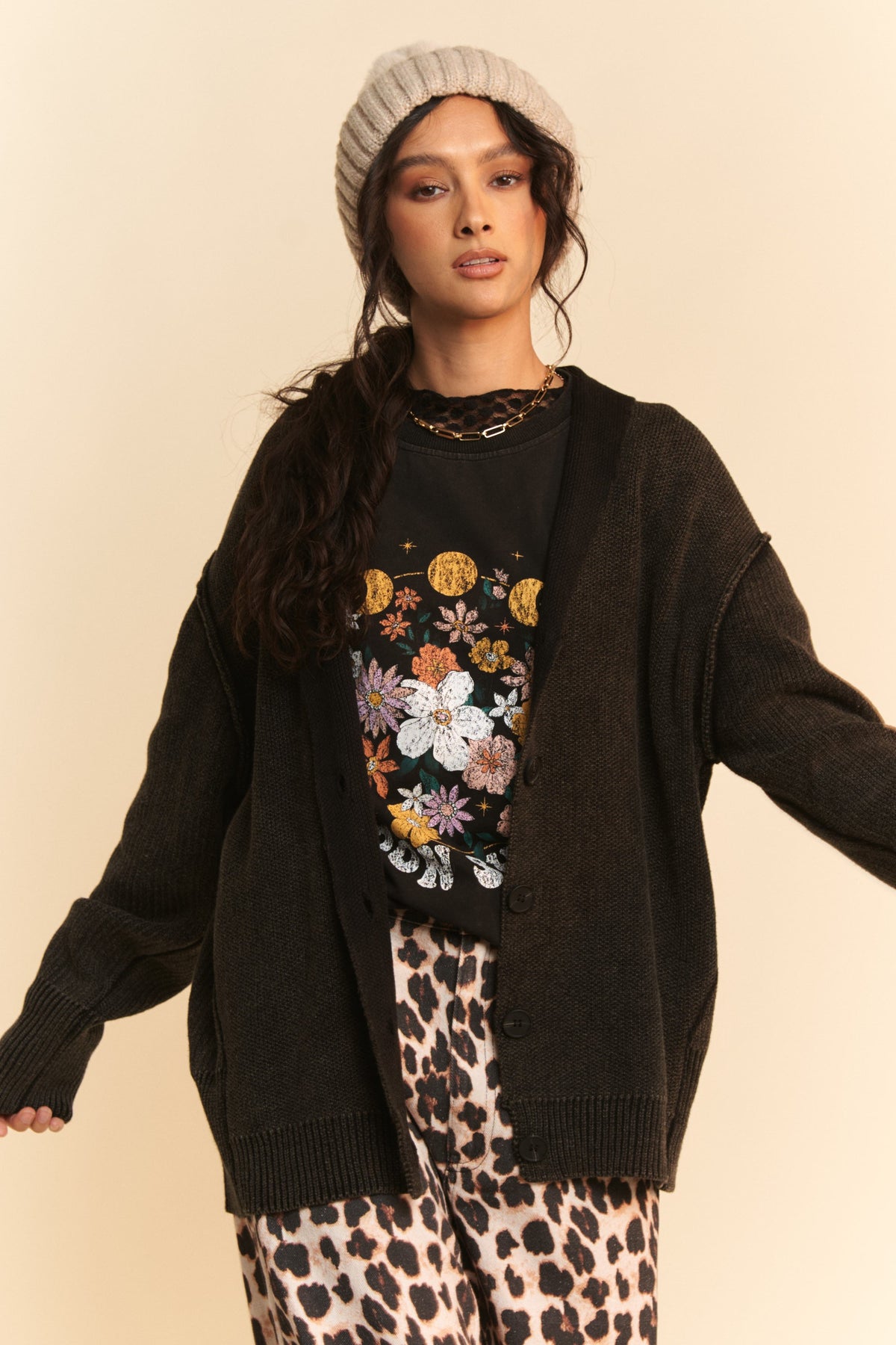 Davi & Dani Shawl Collar Ribbed Detail Button Up Cardigan - Brittney MADE