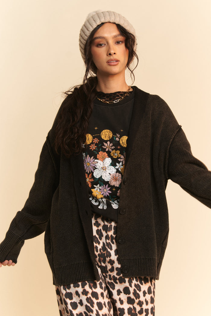 Davi & Dani Shawl Collar Ribbed Detail Button Up Cardigan - Brittney MADE