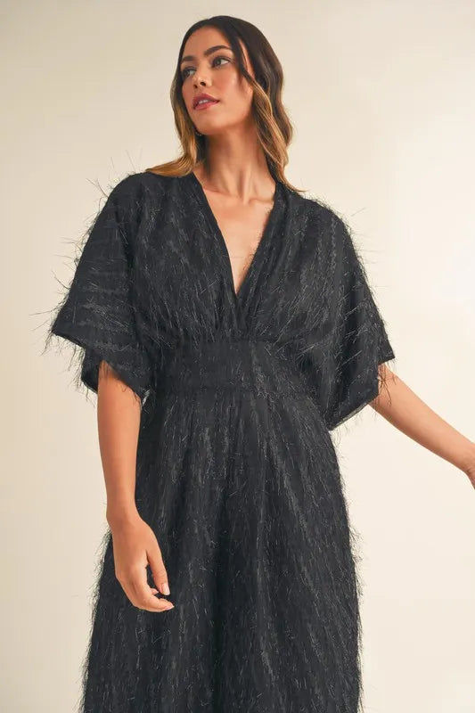 MABLE Fluffy Deep V Neck Wide Leg Jumpsuit - Brittney MADE
