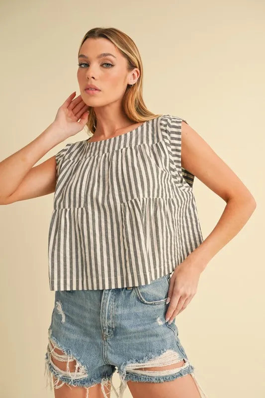 Aemi+Co Ruched Striped Round Neck Sleeveless Top - Brittney MADE