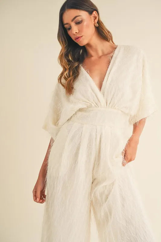 MABLE Fluffy Deep V Neck Wide Leg Jumpsuit - Brittney MADE