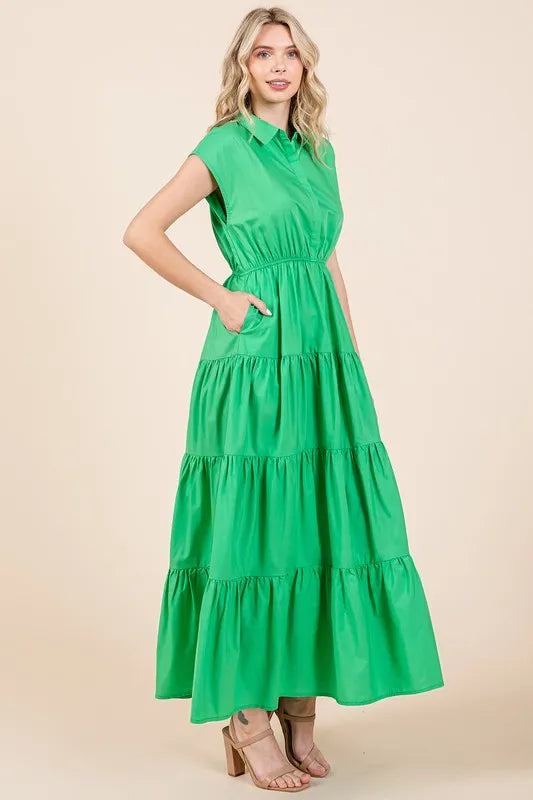 Mittoshop Button Up Collared Tiered Maxi Shirt Dress - Brittney MADE