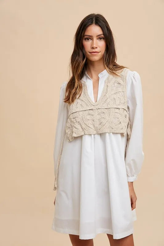Annie Wear Crochet Vest Notched Long Sleeve Shirt Dress - Brittney MADE