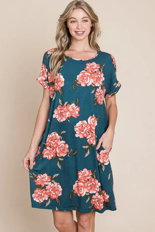 BOMBOM Floral Round Neck Short Tee Dress with Pockets - Brittney MADE