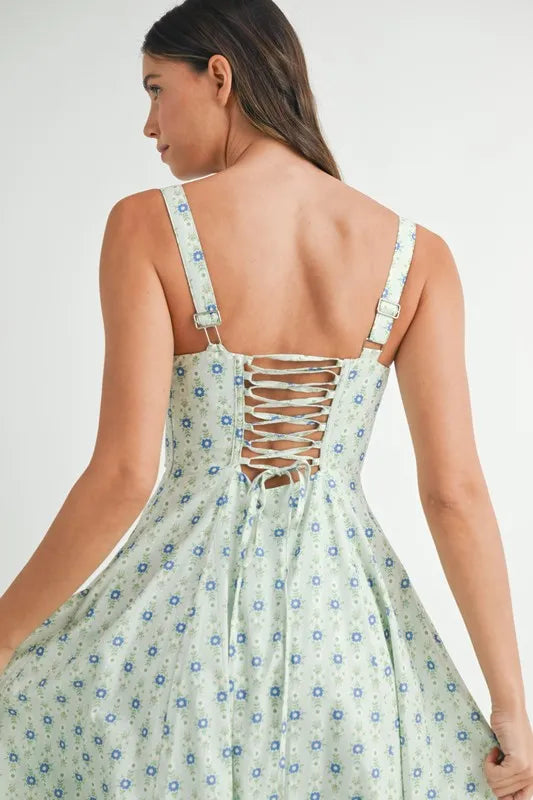 MABLE Floral Print Bustier Back Lace Up Midi Dress - Brittney MADE