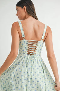 MABLE Floral Print Bustier Back Lace Up Midi Dress - Brittney MADE