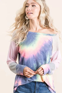 BiBi Tie Dye Terry Top With Color Block Pointelle Knit - Brittney MADE