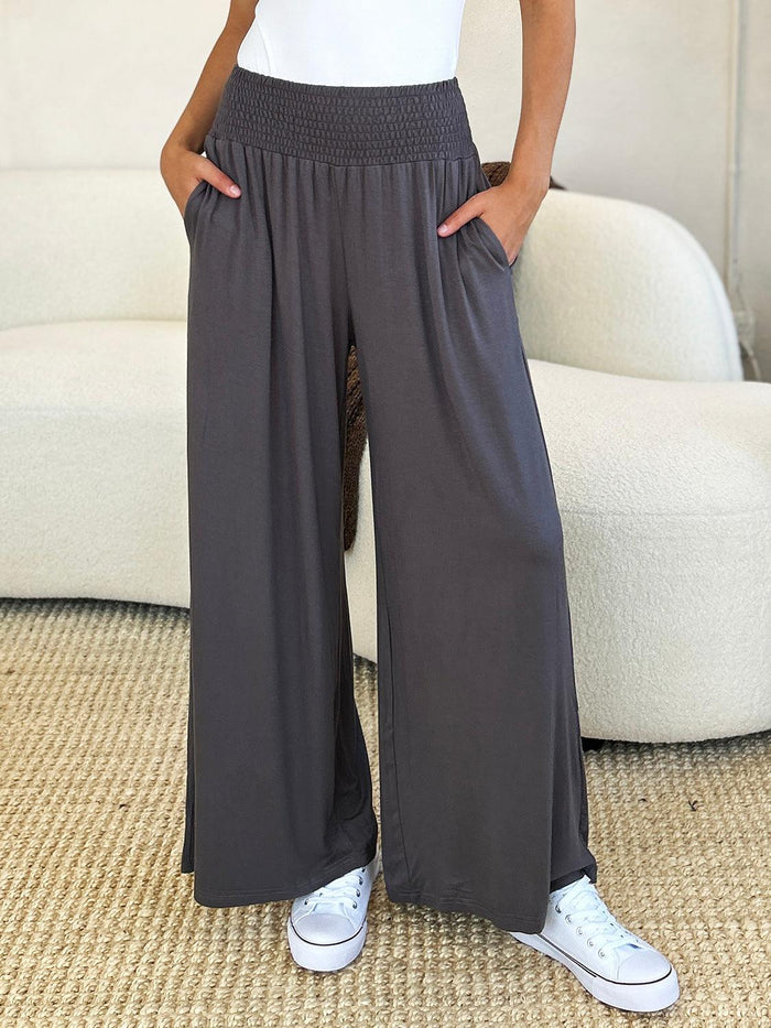 Basic Bae Full Size Smocked Wide Waistband Wide Leg Pants - Brittney MADE