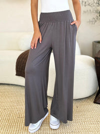Basic Bae Full Size Smocked Wide Waistband Wide Leg Pants - Brittney MADE