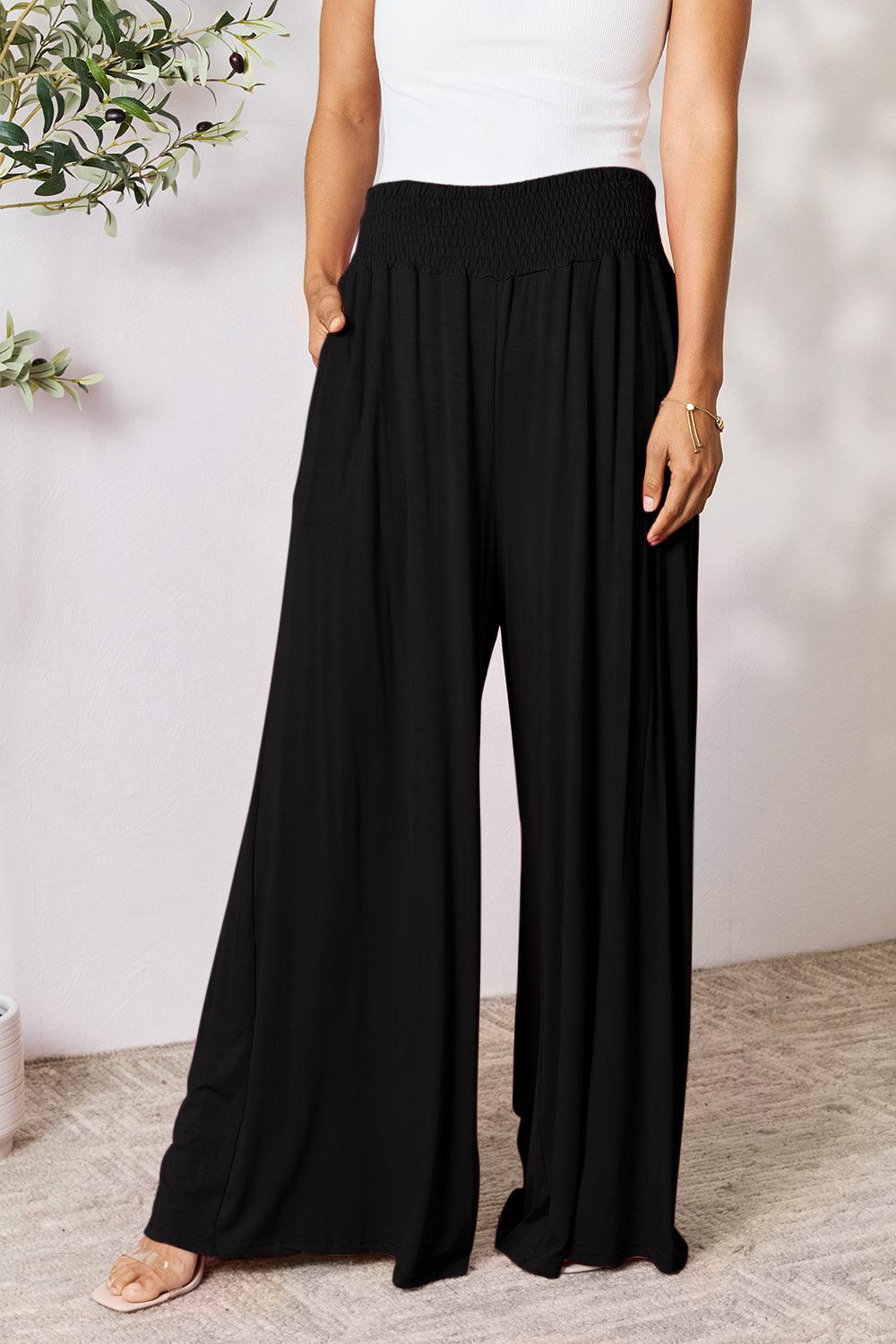 Basic Bae Full Size Smocked Wide Waistband Wide Leg Pants - Brittney MADE