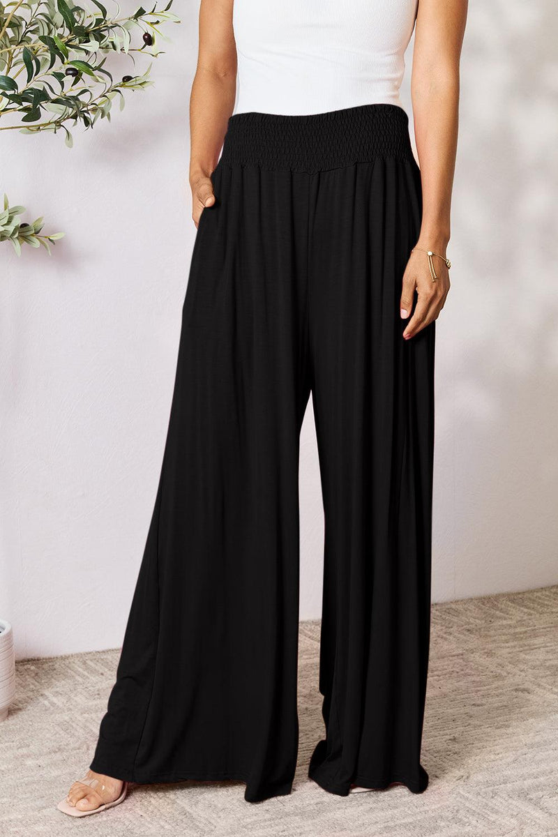 Basic Bae Full Size Smocked Wide Waistband Wide Leg Pants - Brittney MADE