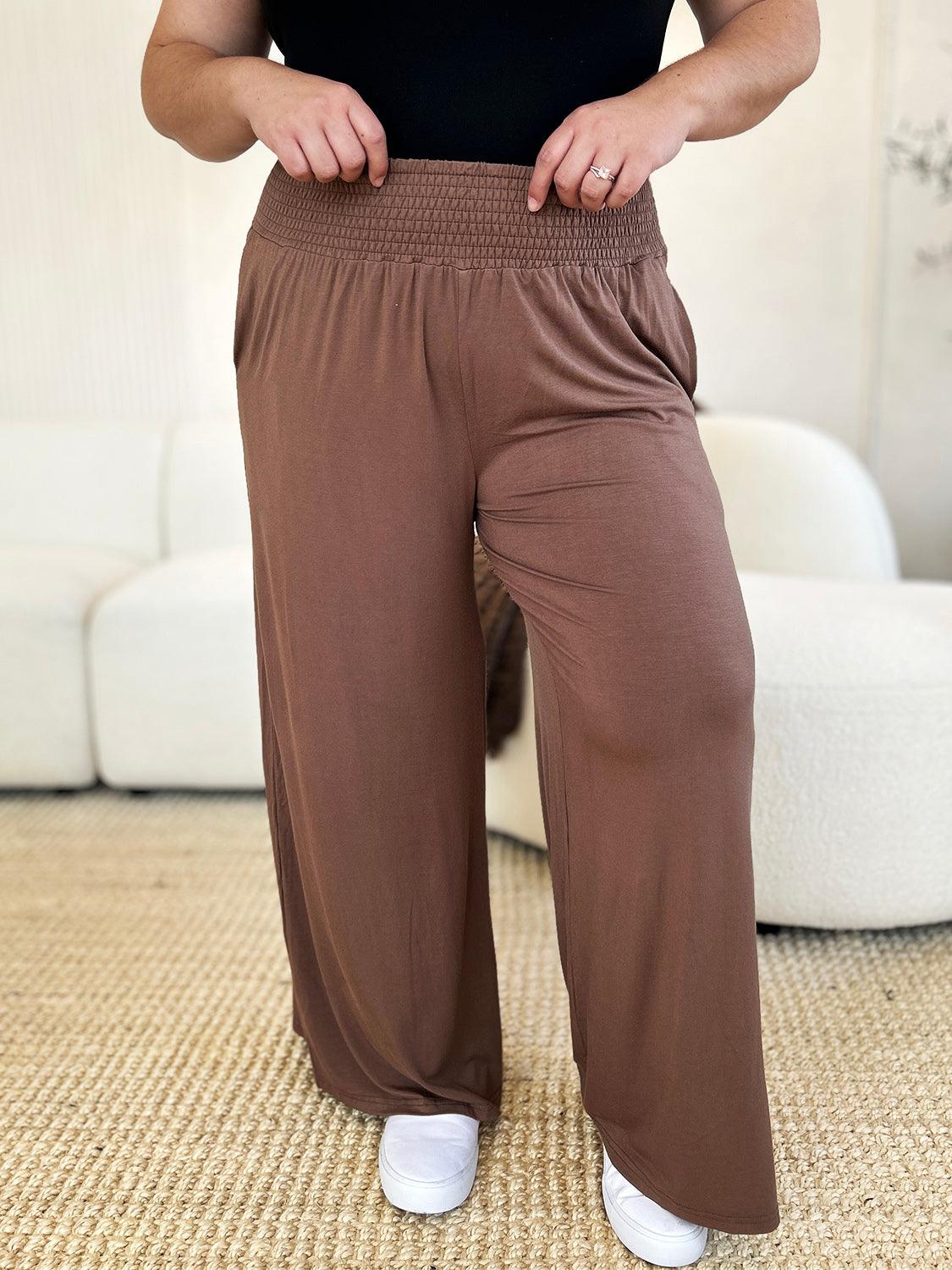 Basic Bae Full Size Smocked Wide Waistband Wide Leg Pants - Brittney MADE