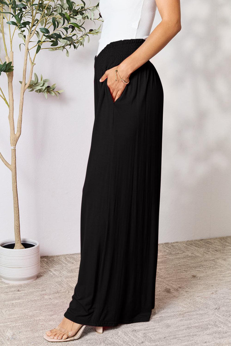 Basic Bae Full Size Smocked Wide Waistband Wide Leg Pants - Brittney MADE
