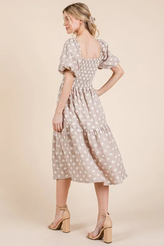 GeeGee Floral Embroidered Smocked Puff Sleeve Tiered Midi Dress - Brittney MADE