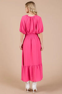 Ces Femme Smocked Elastic Waist Tie Neck Puff Sleeve Dress - Brittney MADE
