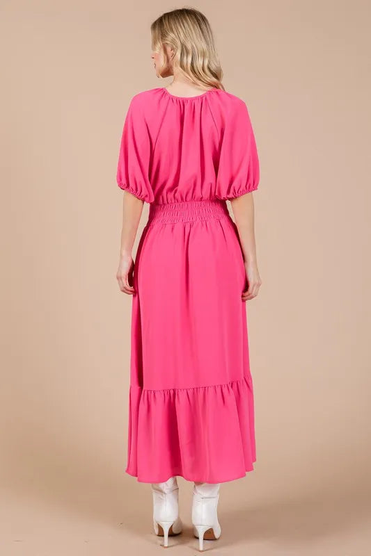 Ces Femme Smocked Elastic Waist Tie Neck Puff Sleeve Dress - Brittney MADE