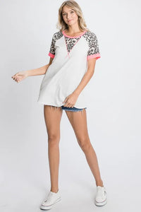 HeimishFull Size Leopard Round Neck Short Sleeve T-Shirt with Stitch Plus Size - Brittney MADE
