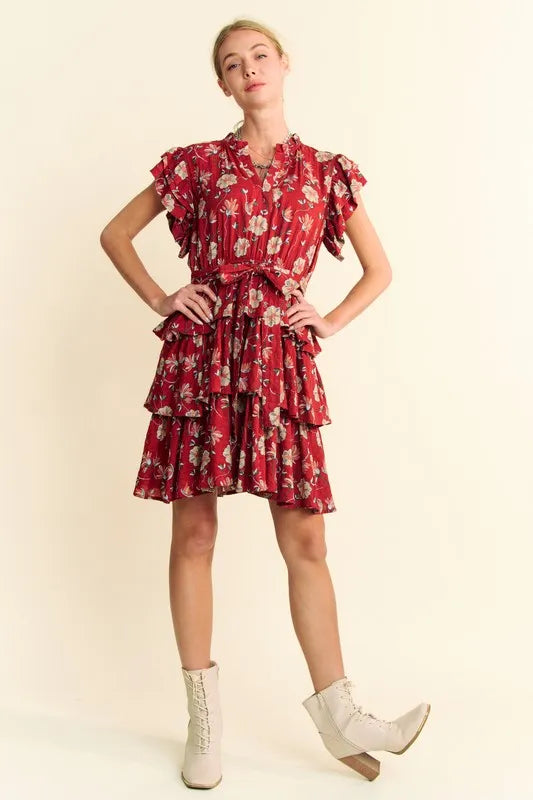 Davi & Dani Ruffle Flutter Sleeve Tie Belt Tiered Mini Dress - Brittney MADE