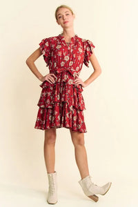 Davi & Dani Ruffle Flutter Sleeve Tie Belt Tiered Mini Dress - Brittney MADE