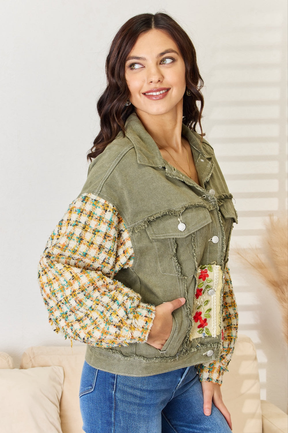 POL Embroidered Button Down Raw Hem Shacket - Brittney MADE