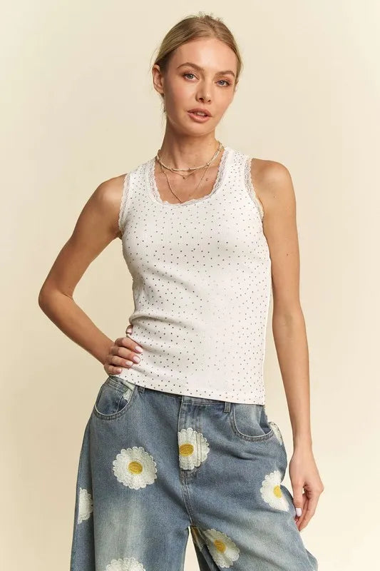 Davi & Dani Rhinestone Lace Trim Detail Tank - Brittney MADE