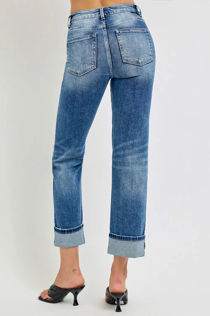 RISEN Full Size High Rise Crop Straight Roll Up Jeans - Brittney MADE