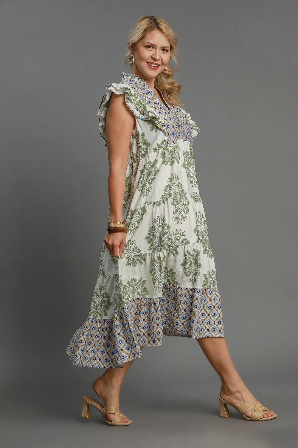 Umgee Full Size Mixed Print Ruffle Cap Sleeve Midi Dress Plus Size - Brittney MADE