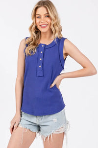 Ces Femme Stitch Detail Half Button Ribbed Tank - Brittney MADE