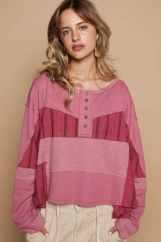POL Half Button Color Block Drop Shoulder Knit Top - Brittney MADE
