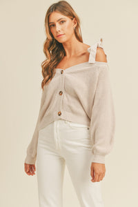 MABLE Off Shoulder Self Tie Strap Button Down Sweater - Brittney MADE
