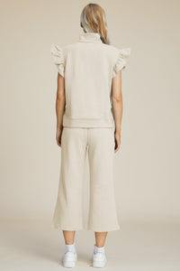 Double Take Full Size Texture Ruffle Short Sleeve Top and Wide Leg Pants Set - Brittney MADE