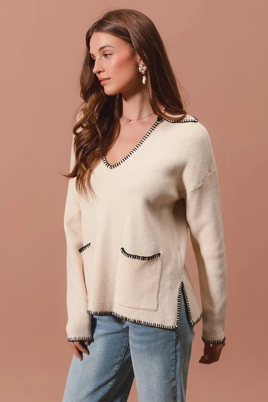 SO ME Contrast Blanket Stitch Sweater - Brittney MADE