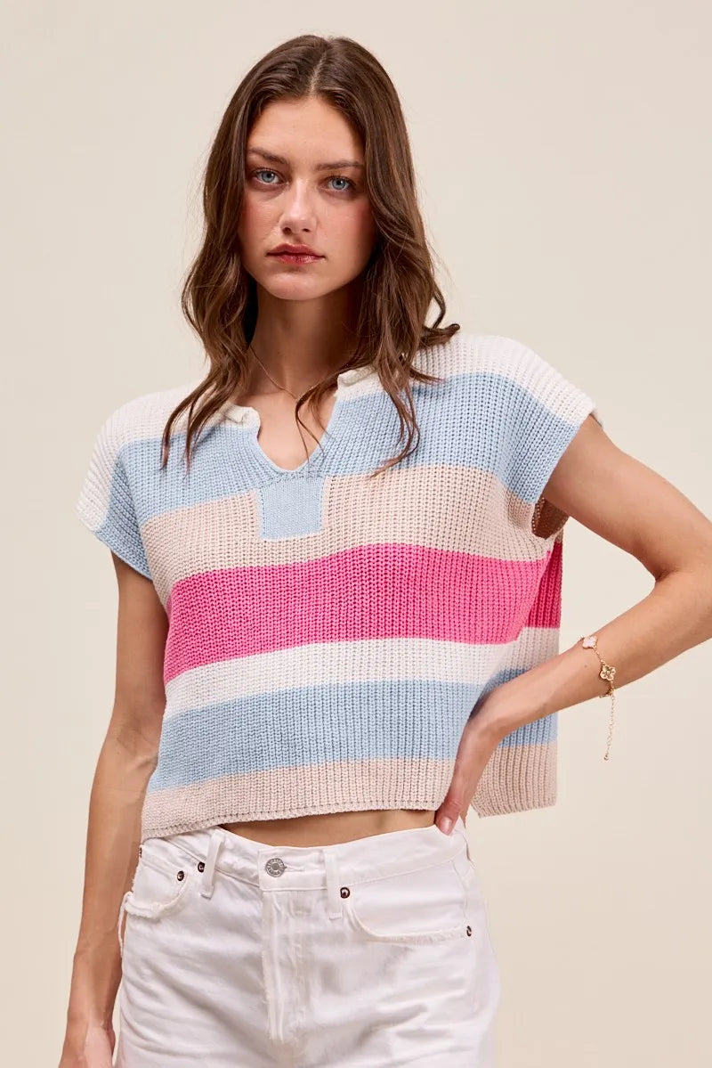 SO ME Multi Color Stripe Loose Fit Cap Sleeve Sweater Top - Brittney MADE