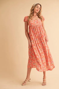 Aemi + Co Cutout Back Floral Square Neck Puff Sleeve Midi Dress - Brittney MADE