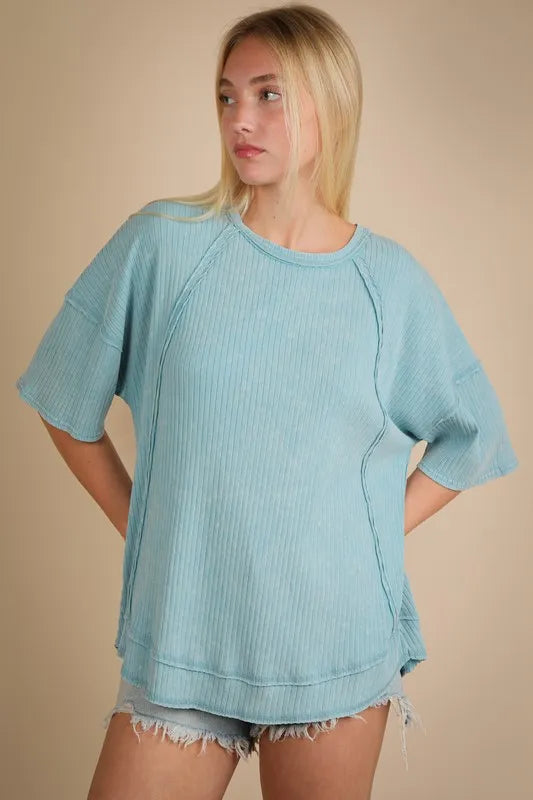 VERY J Plus Size Mineral Washed Ribbed Knit Casual Top - Brittney MADE
