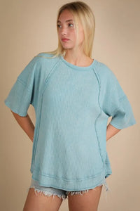 VERY J Plus Size Mineral Washed Ribbed Knit Casual Top - Brittney MADE
