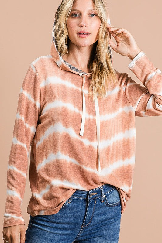 BiBi Tie Dye Stripe Terry Drawstring Hoodie With Leopard - Brittney MADE