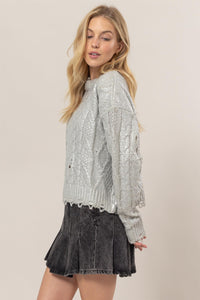 HYFVE Distressed Cable-Knit Round Neck Long Sleeve Sweater - Brittney MADE