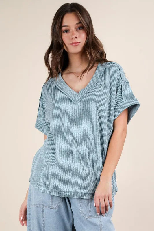 VERY J Full Size Soft Two Tone Casual Comfy Ribbed Knit Top Plus Size - Brittney MADE
