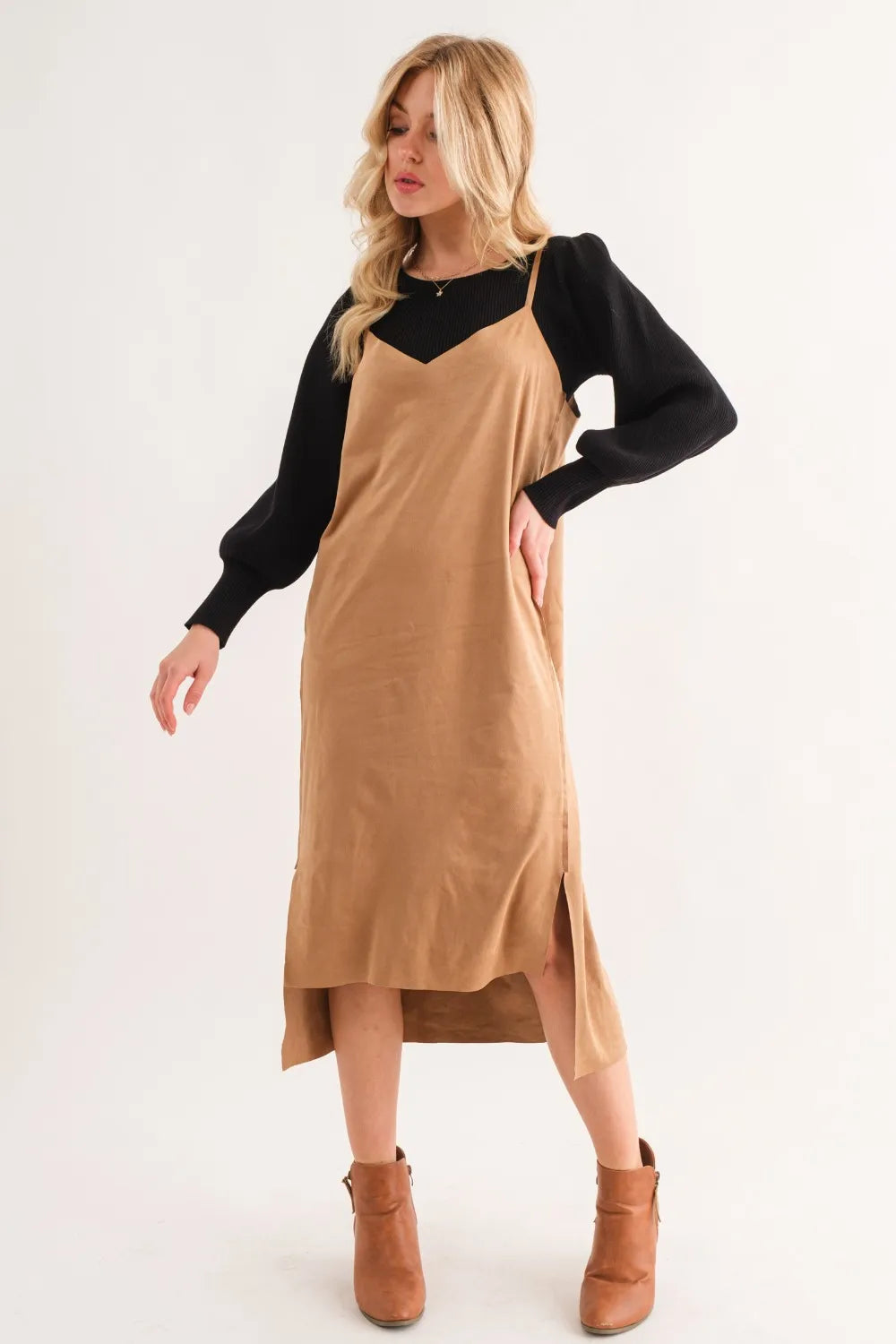 And The Why Faux Suede Cut Edge Slit Cami Midi Dress - Brittney MADE