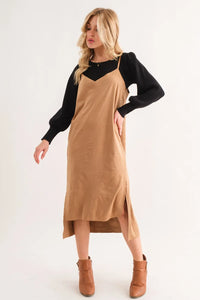 And The Why Faux Suede Cut Edge Slit Cami Midi Dress - Brittney MADE