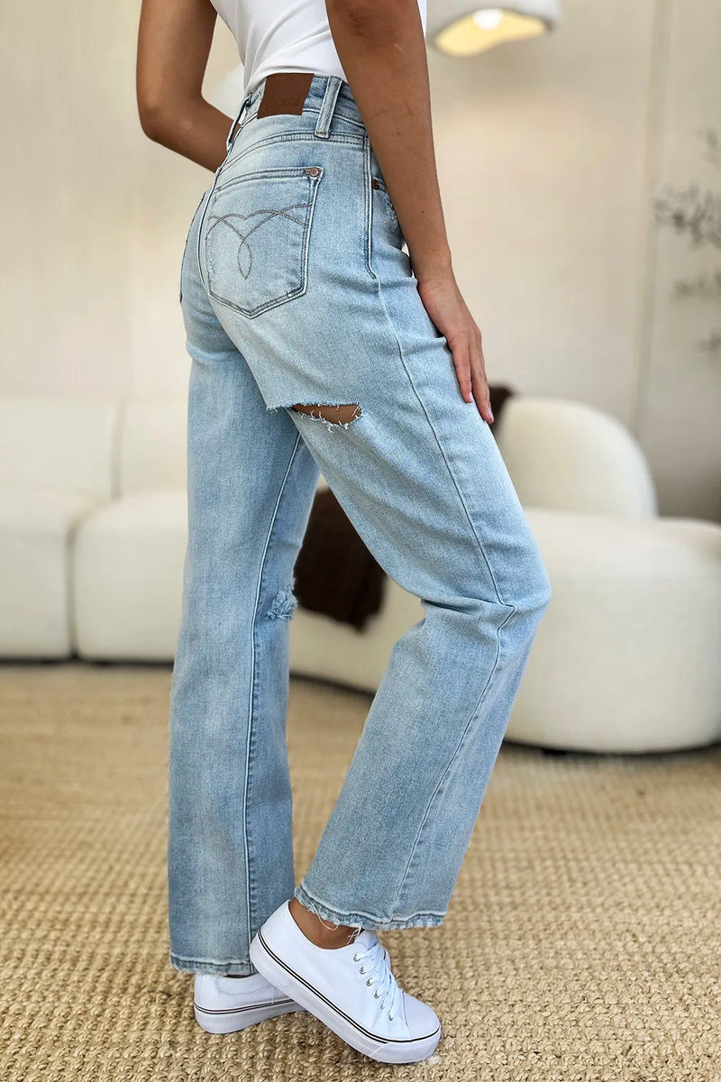 Judy Blue Full Size High Waist Distressed Straight Jeans - Brittney MADE