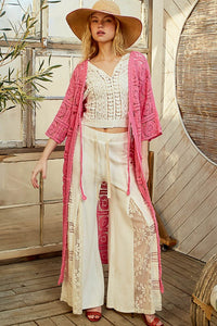 POL Tied Crochet 3/4 Sleeve Longline Cardigan - Brittney MADE