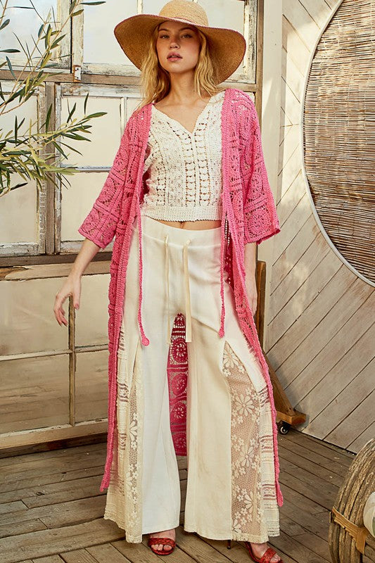 POL Tied Crochet 3/4 Sleeve Longline Cardigan - Brittney MADE