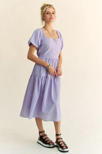 Davi & Dani Textured Fabric Short Puff Sleeve Midi Dress - Brittney MADE