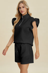 Double Take Full Size Texture Flounce Sleeve Top and Shorts Set - Brittney MADE