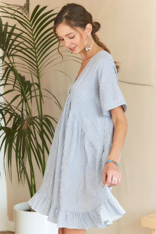 ADORA Ruffled Hem Striped V-Neck Babydoll Dress - Brittney MADE